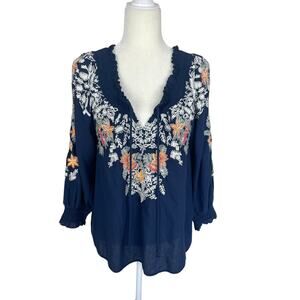 Sundance Cotton Gauze Embroidered Peasant Top Blue Size Small Boho Indie Cottage